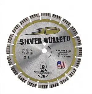 World Diamond Source Silver Bullet II hard bond segmented-turbo diamond blade for concrete, brick, and block cutting.