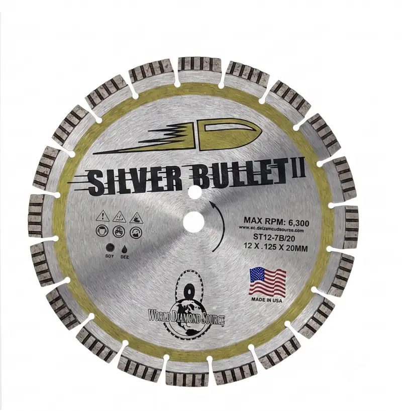 World diamond source silver bullet ii hard bond segmented-turbo diamond blade for concrete, brick, and block cutting.